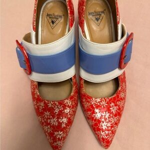John Fluevog Red and Blue Floral Heels